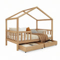 Twin House Bed Frame with Guardrails and 2 Storage Drawers, Natural Pine Wood, 79.5 x 43.5 x 65 in