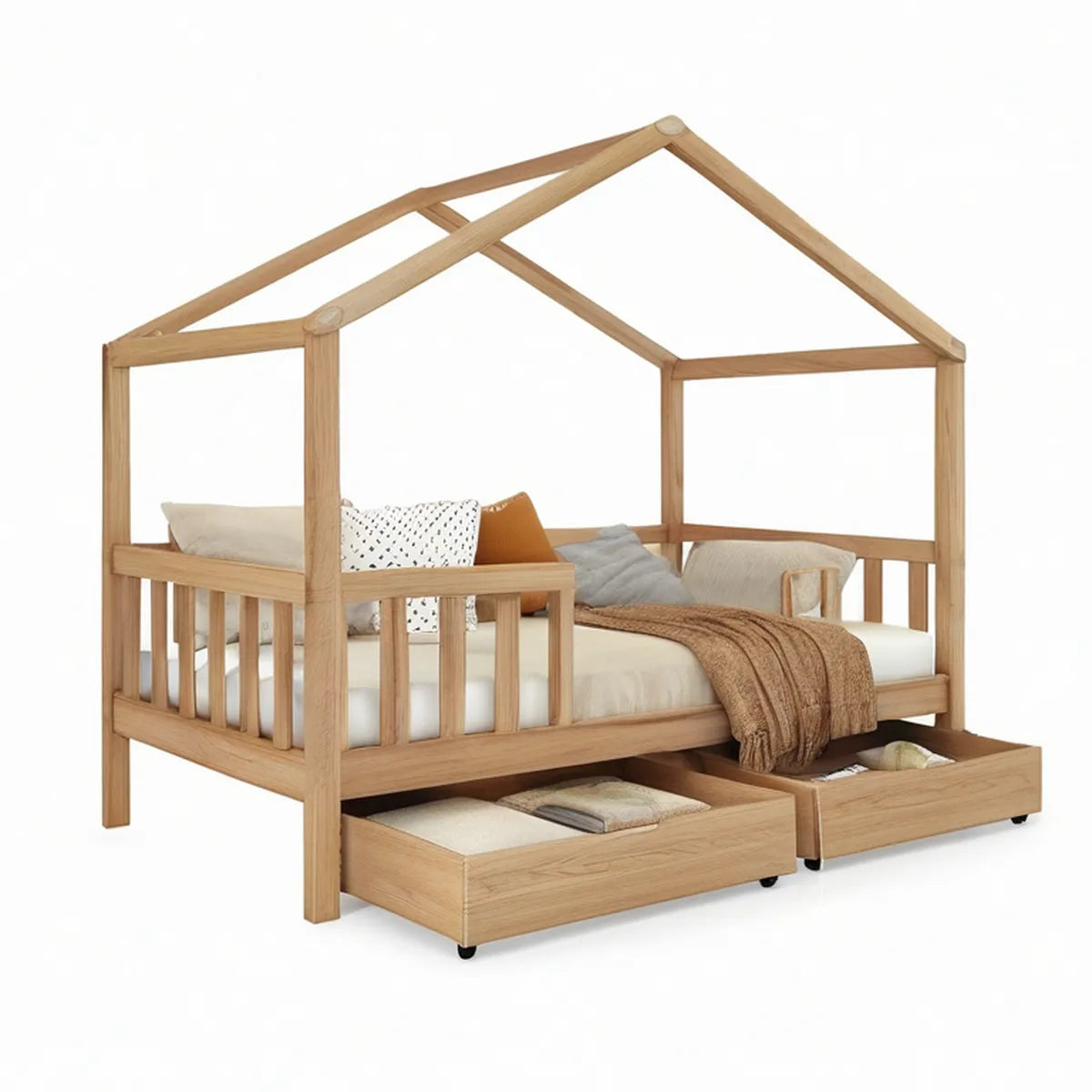 Twin House Bed Frame with Guardrails and 2 Storage Drawers, Natural Pine Wood, 79.5 x 43.5 x 65 in