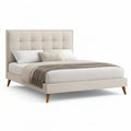 Queen Beige Upholstered Bed Frame with Tufted Headboard, 64 x 85 x 47 in