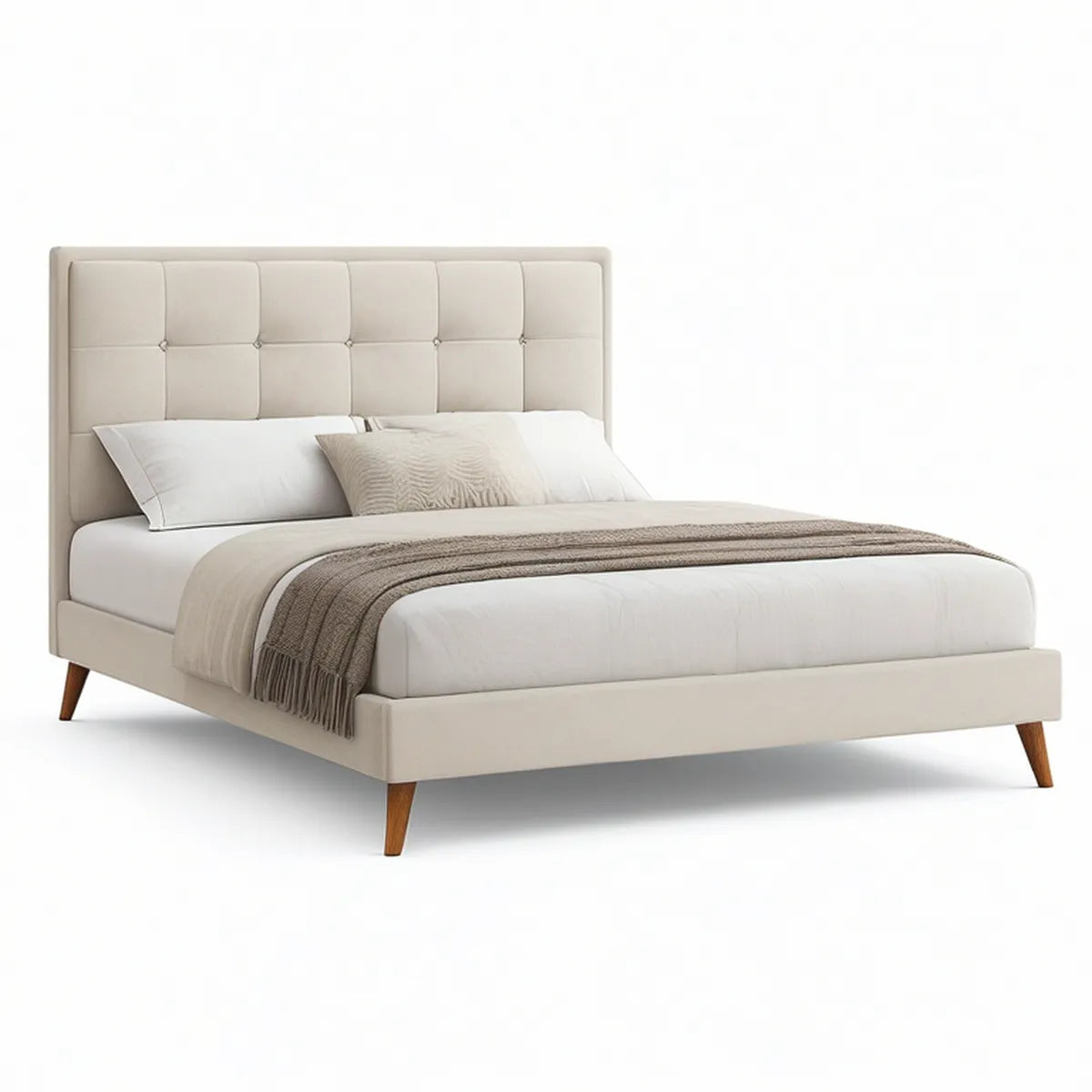 Queen Beige Upholstered Bed Frame with Tufted Headboard, 64 x 85 x 47 in