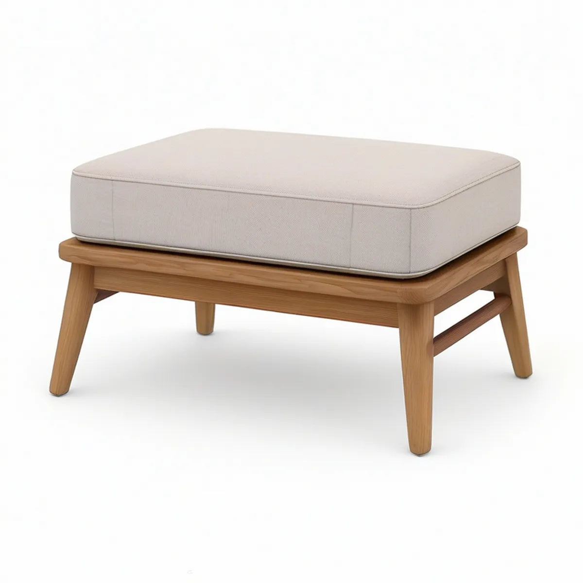 Beige Upholstered Ottoman with Natural Brown Rubberwood Frame, 30 x 22 x 18 in