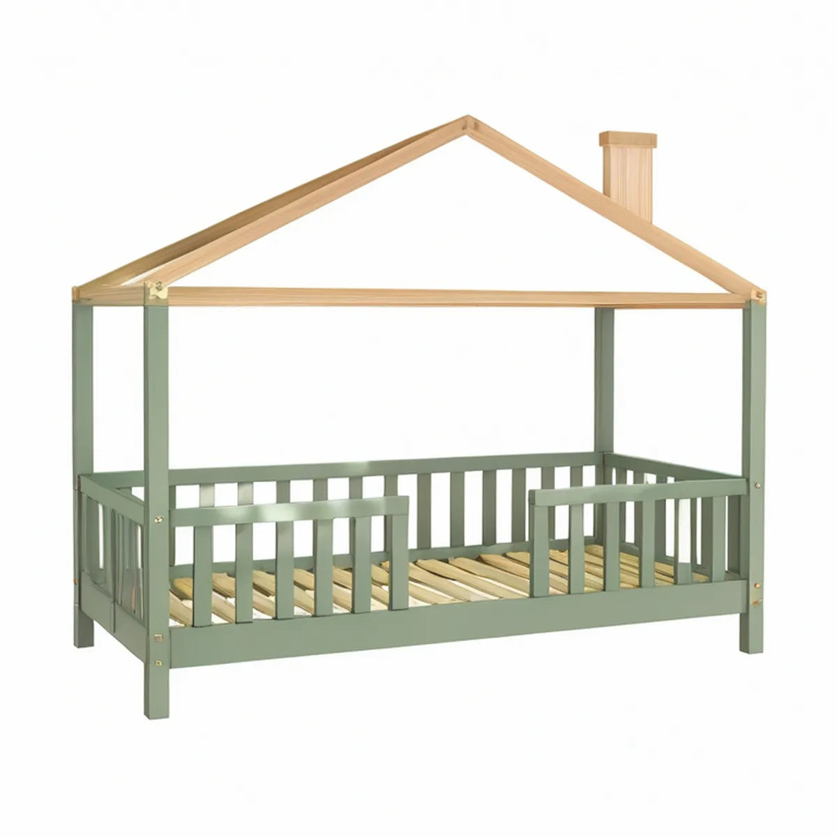 Twin House-Shaped Solid Pine Bed Frame with Roof and Guard Rails, 78.7 x 41.7 x 66.9 in, Green/Natural