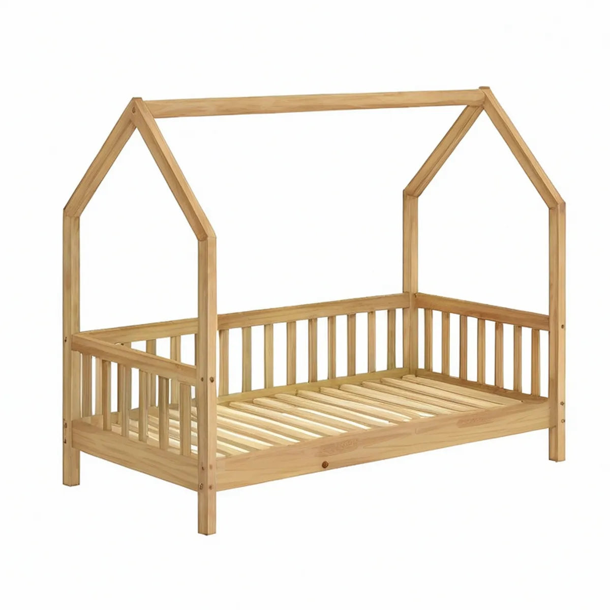 Twin House Bed Frame, Solid Pine, Natural, 39 x 75 in