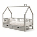 Gray Twin House Bed Frame with Safety Rails, 2 Drawers, Solid Pine Wood, 78.7 x 41.7 x 75.2 in