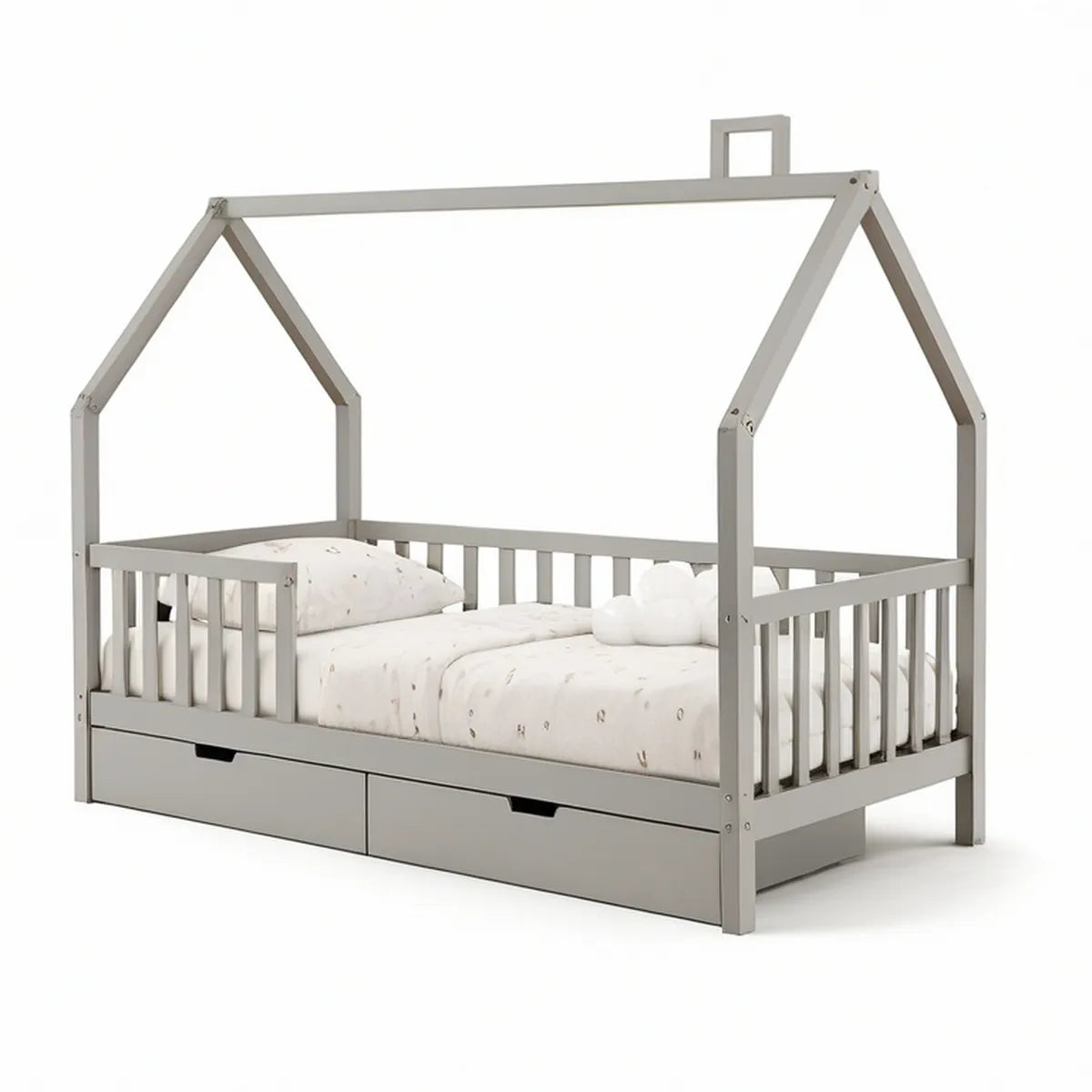 Gray Twin House Bed Frame with Safety Rails, 2 Drawers, Solid Pine Wood, 78.7 x 41.7 x 75.2 in