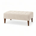 Tufted Rectangular Ottoman, 43 x 30 x 18 in, Cream Polyester Upholstery with Brown Rubberwood Legs