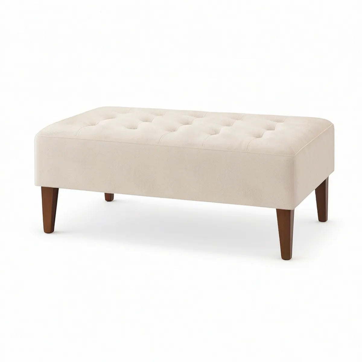 Tufted Rectangular Ottoman, 43 x 30 x 18 in, Cream Polyester Upholstery with Brown Rubberwood Legs