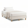 Twin-Size Ivory Upholstered Platform Bed Frame with Natural Wood Legs, 80 x 42 x 35 in