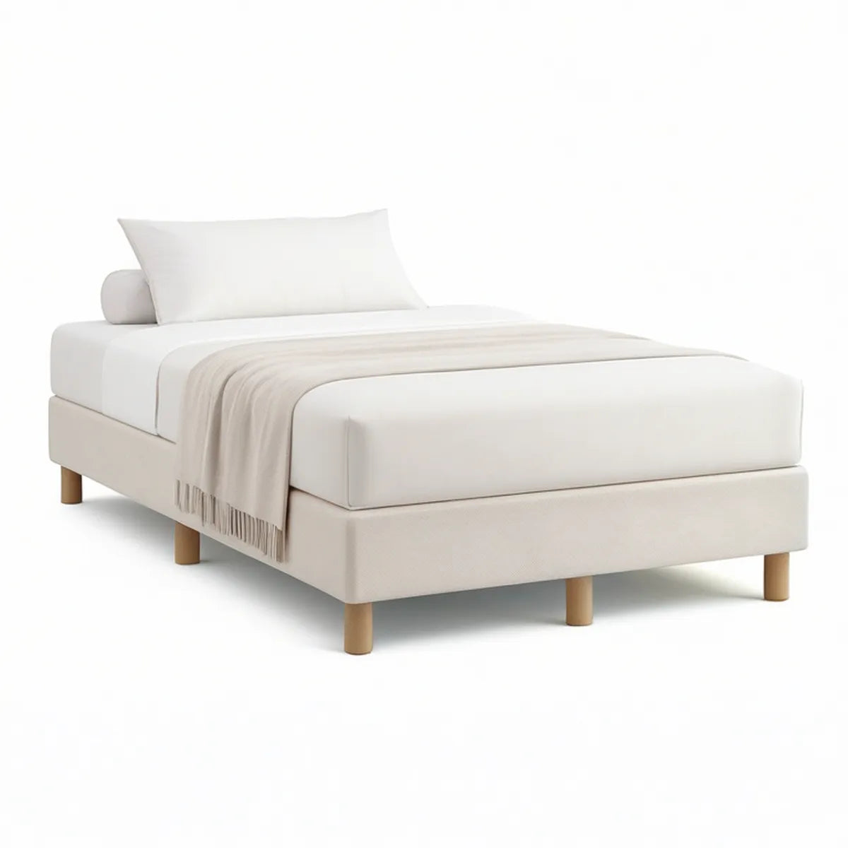 Twin-Size Ivory Upholstered Platform Bed Frame with Natural Wood Legs, 80 x 42 x 35 in