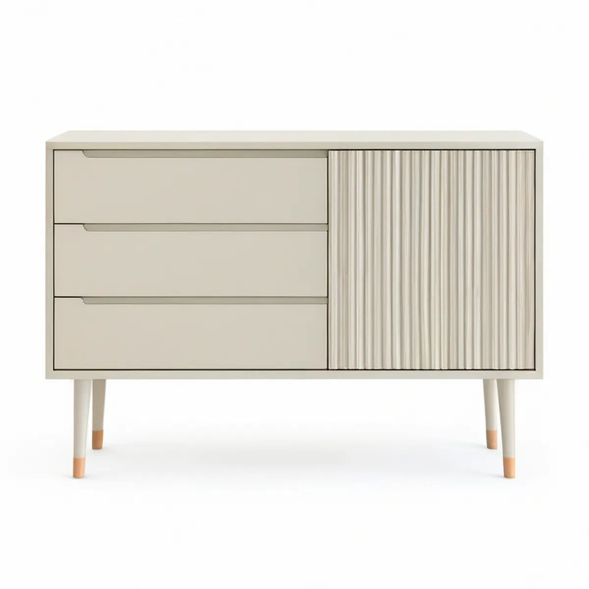 Cream MDF and Rubberwood Sideboard Buffet Cabinet with 3 Drawers and Fluted Door, 47.2 x 15.7 x 31.5 in