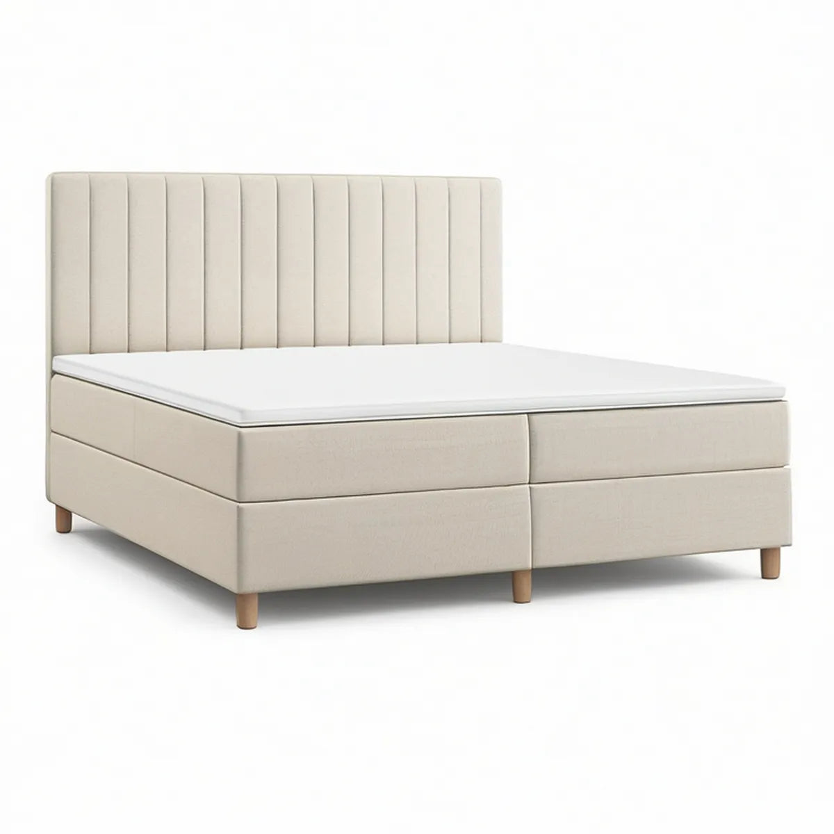 King Upholstered Platform Bed Frame with Vertical Channel Headboard, Cream, 80 x 76 x 48 in