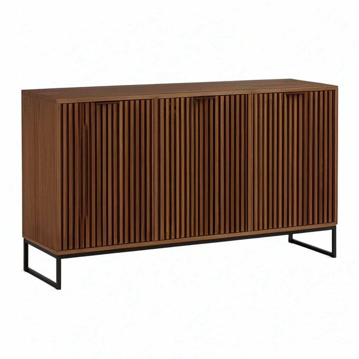 72 x 18 x 32 in Walnut Brown Slatted Wood Cabinet with Black Steel Legs