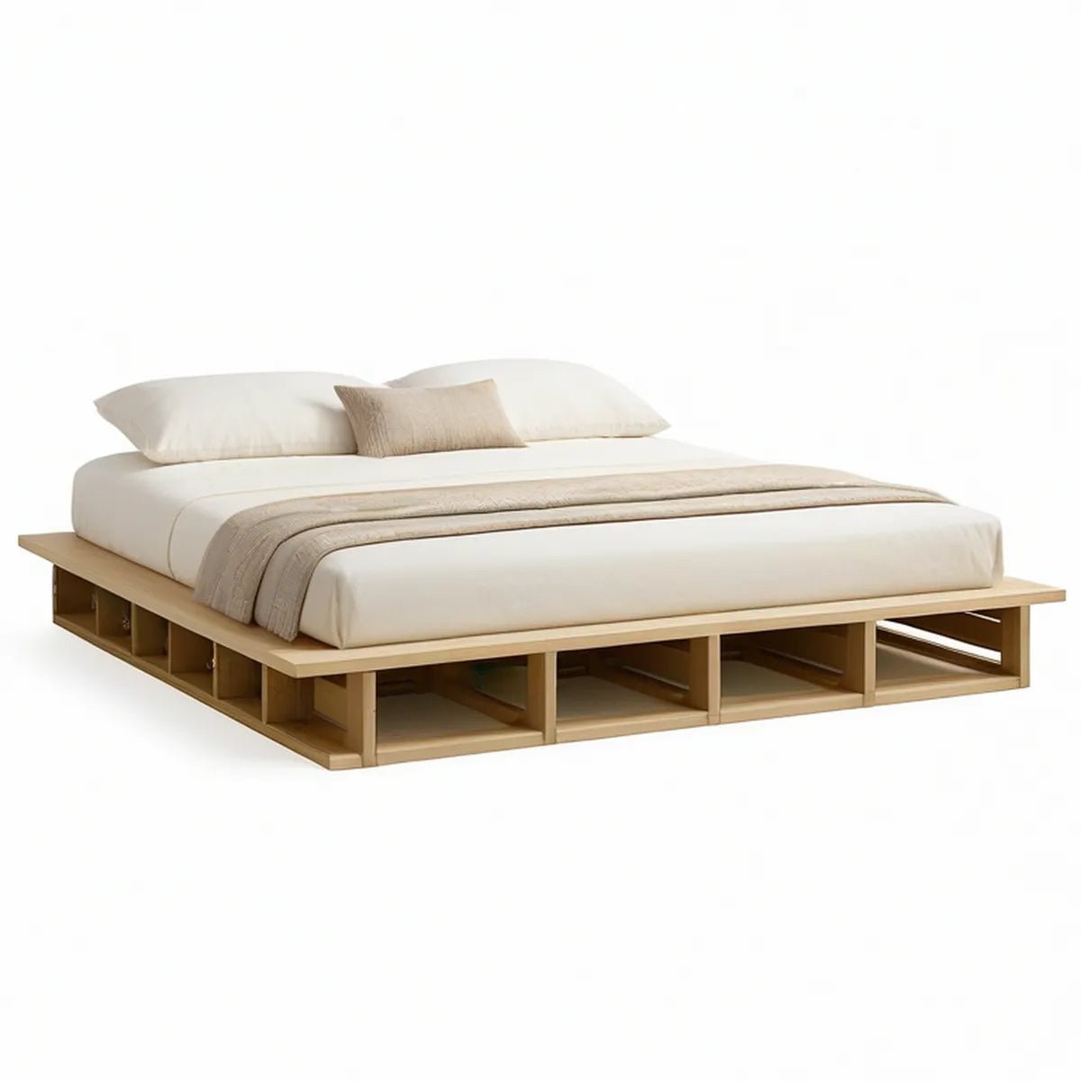Queen Storage Bed Frame with Open Shelves, Natural Oak, 65 in W x 86 in L x 15 in H