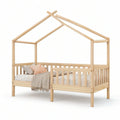 Twin House Bed Frame with Guardrails, Solid Pine Wood, Natural, 78 in x 41 in x 66 in