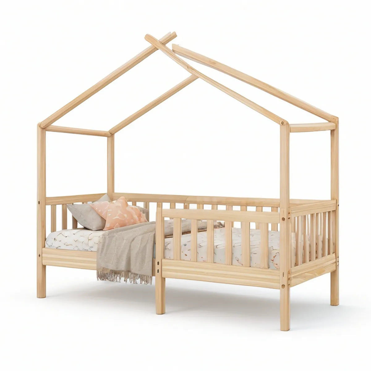 Twin House Bed Frame with Guardrails, Solid Pine Wood, Natural, 78 in x 41 in x 66 in