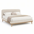 Queen Upholstered Platform Bed Frame, 87 x 65 x 45 in, Rounded Polyester Headboard, Cream/Natural