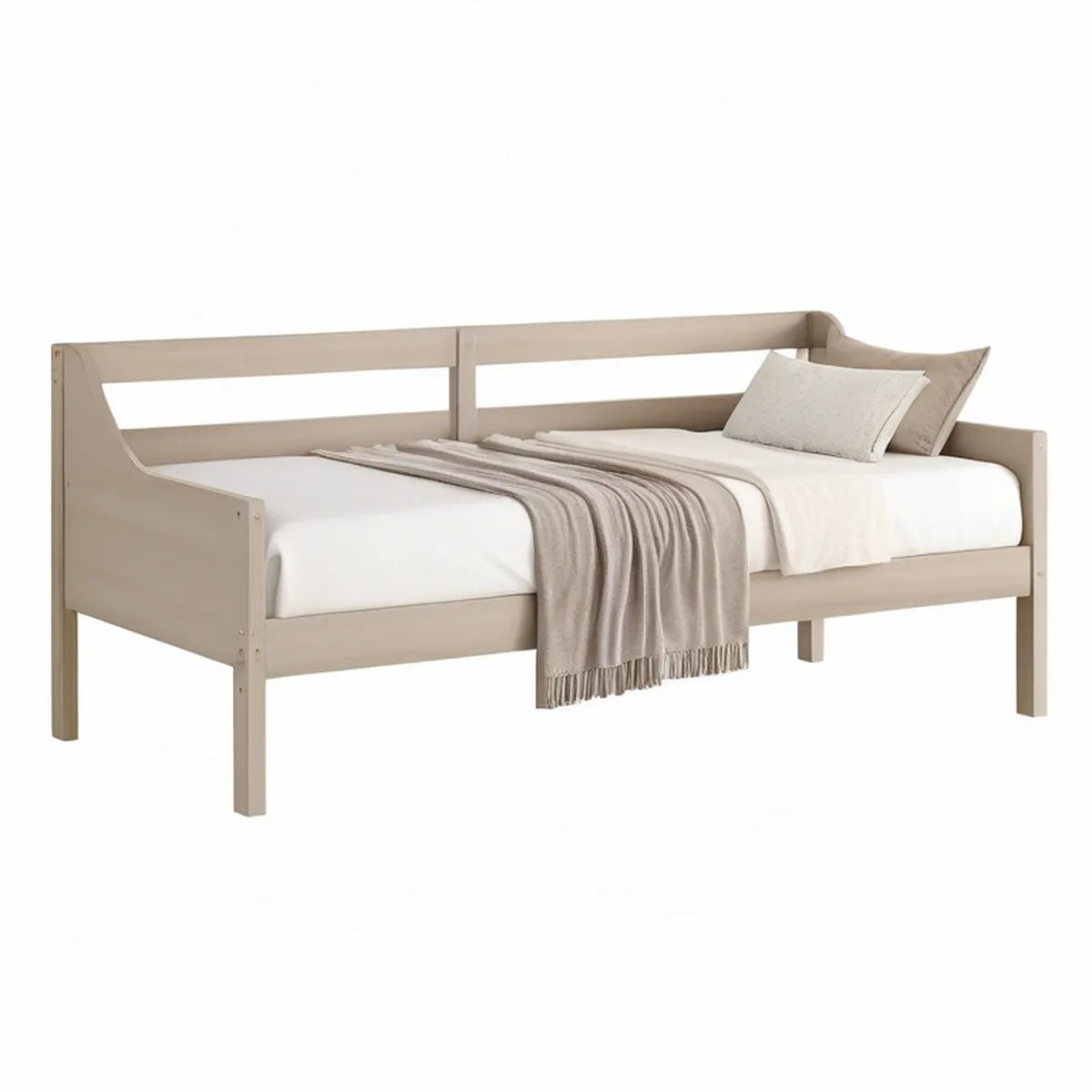 Twin Size Beige Solid Pine Wood Daybed Frame with Guardrails, 79 x 42 x 34 in