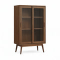 Walnut Brown Storage Cabinet with Smoked Fluted Tempered Glass Sliding Doors, 35.4 x 15.7 x 63 in