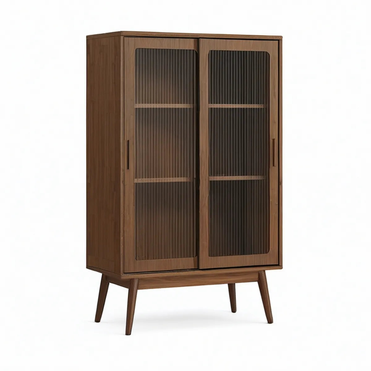 Walnut Brown Storage Cabinet with Smoked Fluted Tempered Glass Sliding Doors, 35.4 x 15.7 x 63 in