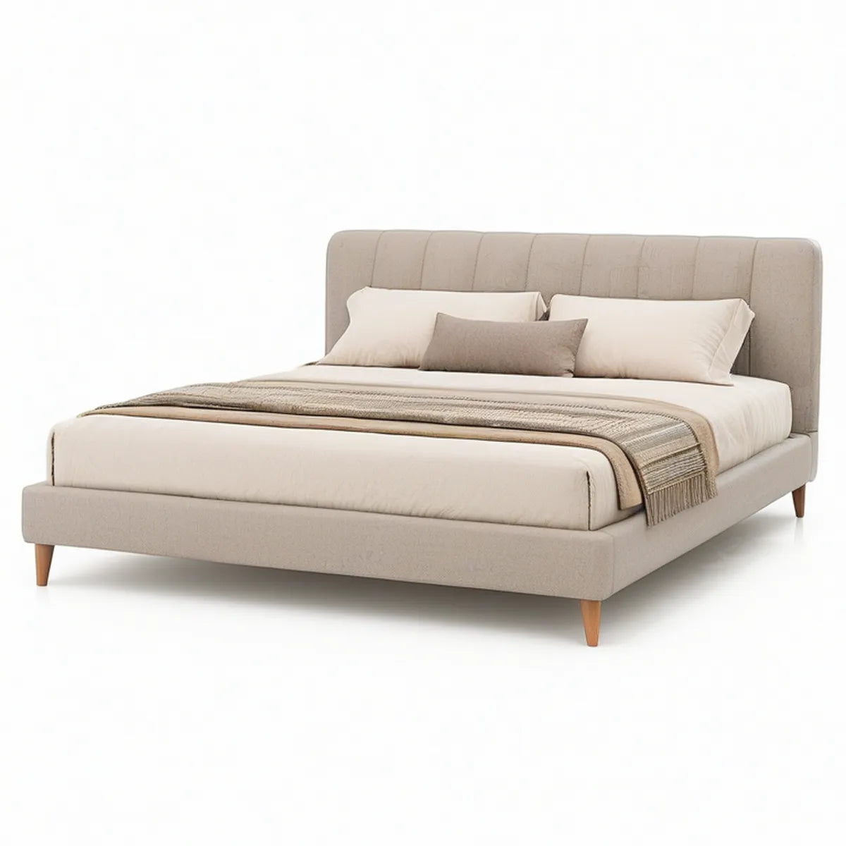 Queen Beige Upholstered Platform Bed Frame, 64 x 86 x 46 in