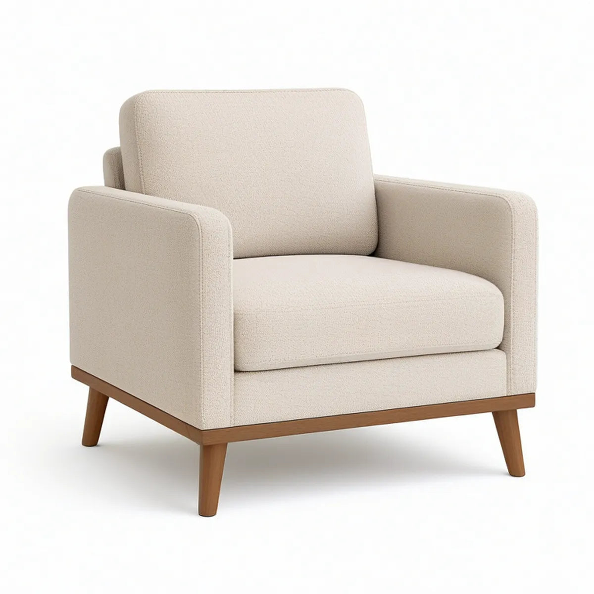 Cream Boucle Upholstered Armchair with Walnut Brown Rubberwood Legs, 31.5 x 33 x 34 in