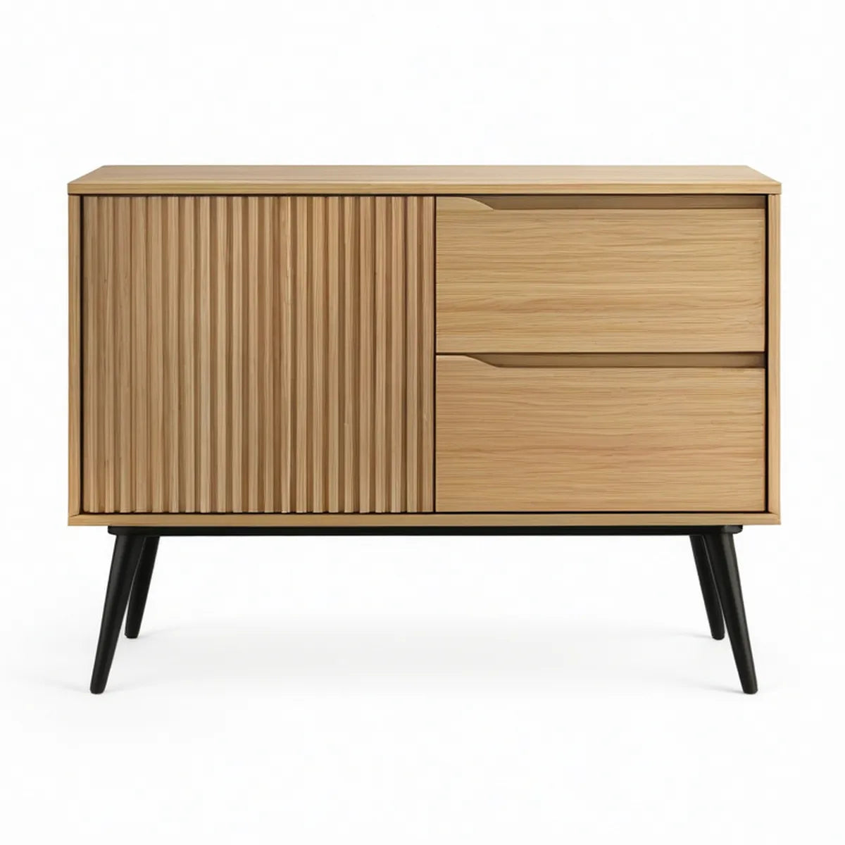 Mid-Century Modern Storage Cabinet with 2 Drawers and Fluted Door, 47.2 x 15.7 x 31.5 in, Natural Oak/Black