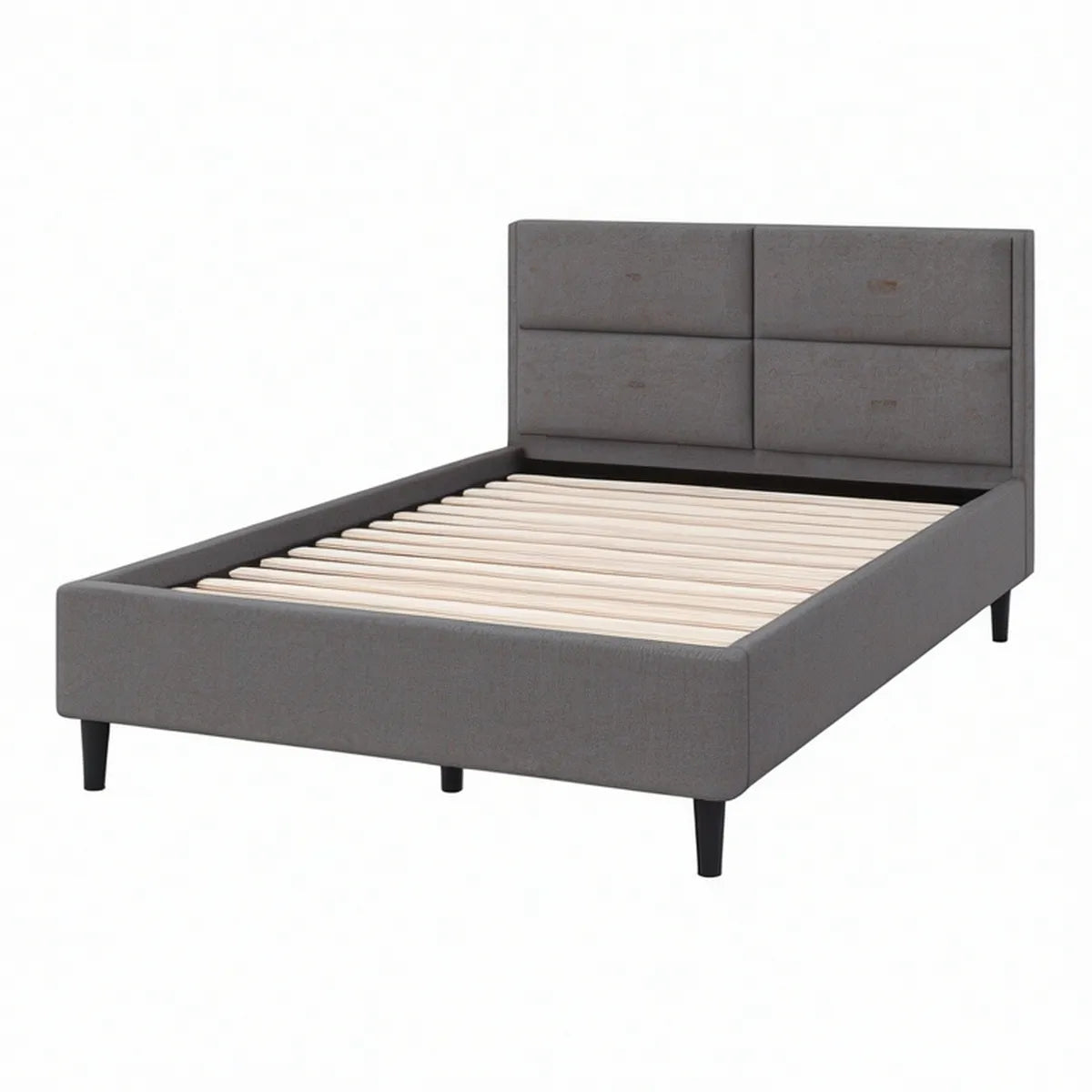 Queen Gray Upholstered Platform Bed Frame with Wood Slats, 64 x 85 x 48 in