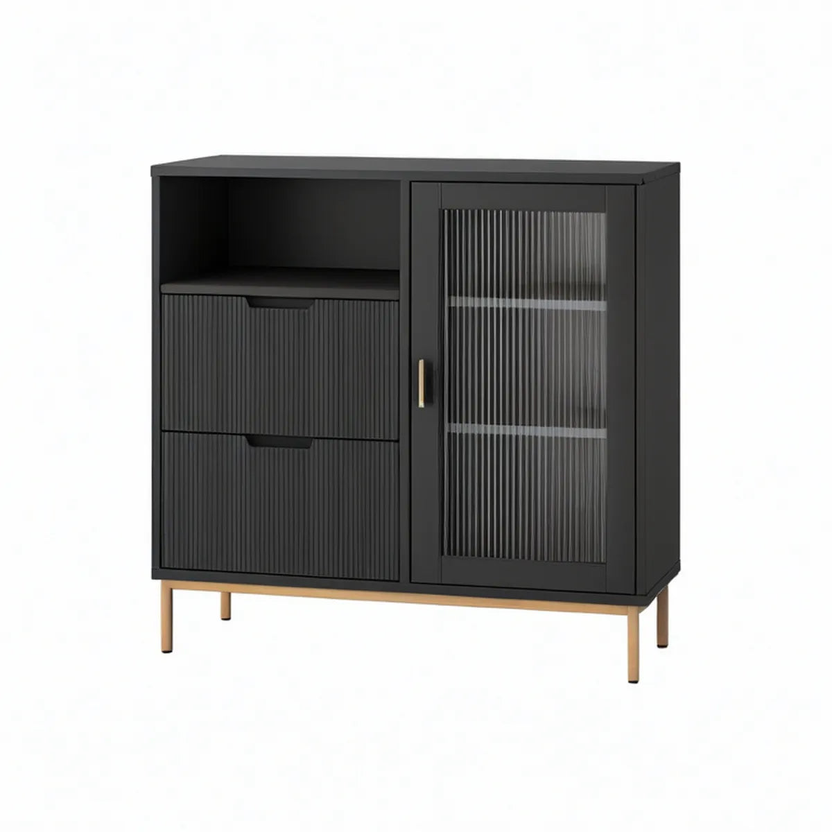 Black and Gold Storage Cabinet with 2 Drawers, Fluted Glass Door and Open Shelf, 31.5 x 15.7 x 39.4 in