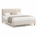 Queen Beige Upholstered Platform Bed Frame with Natural Brown Wood Legs, 64 x 85 x 47 in