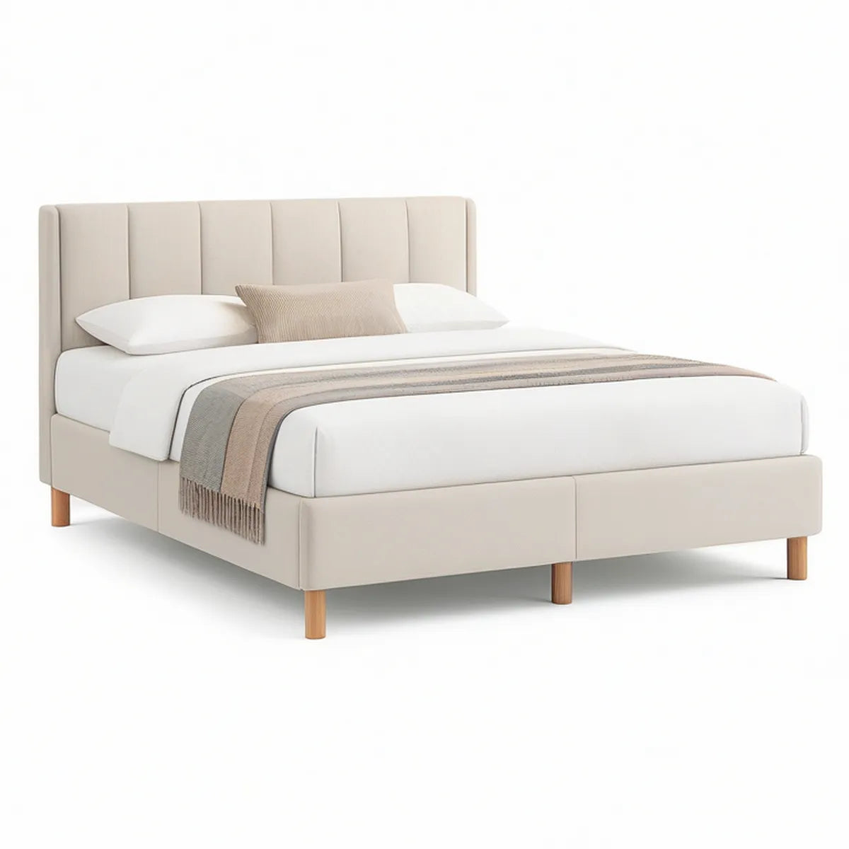 Queen Beige Upholstered Platform Bed Frame with Natural Brown Wood Legs, 64 x 85 x 47 in