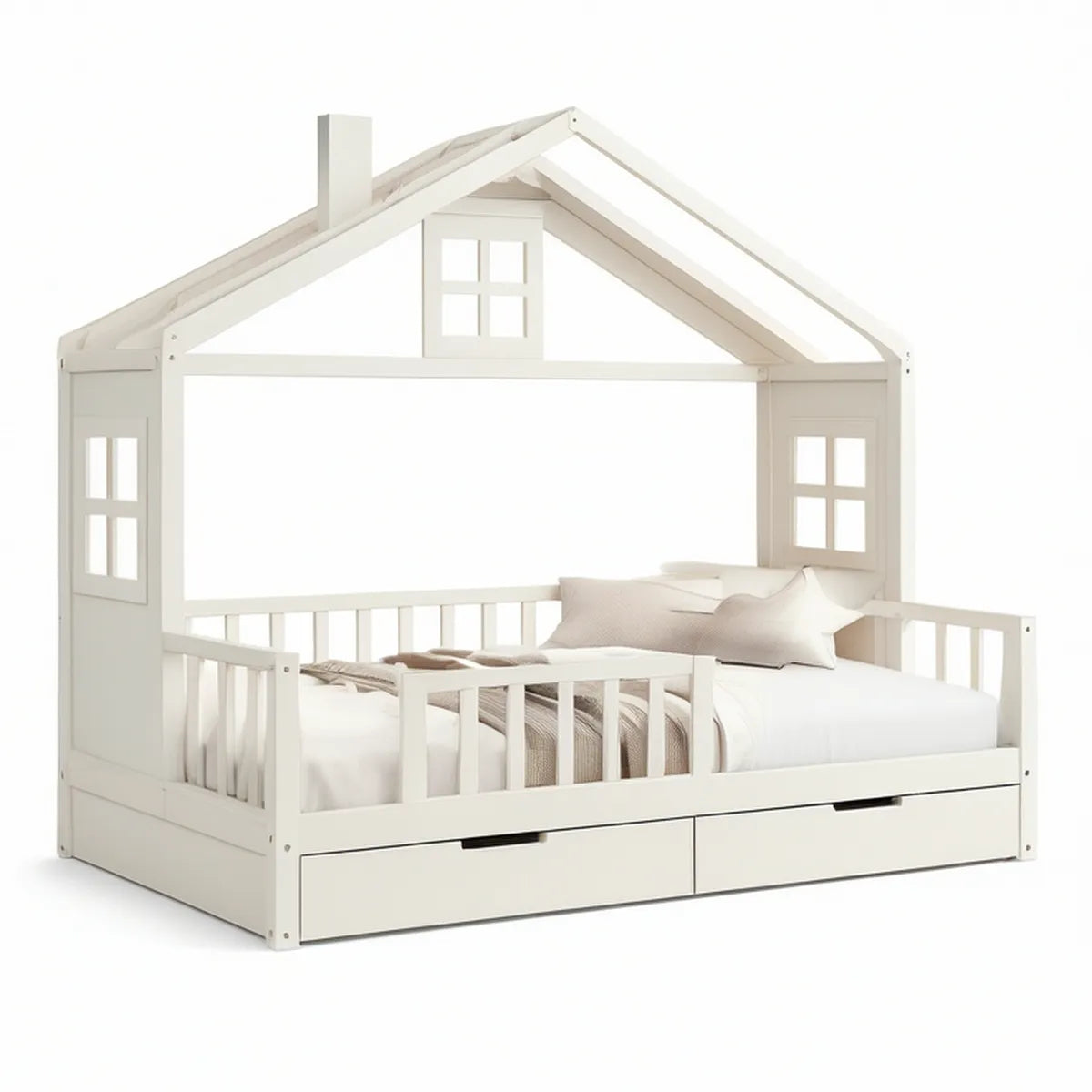 White Twin House Bed Frame with 2 Storage Drawers, 78 x 44 x 77 in