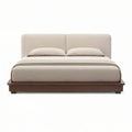 King Upholstered Platform Bed Frame with Split Headboard, Ivory and Walnut Brown, 80 in W x 85 in L x 44 in H