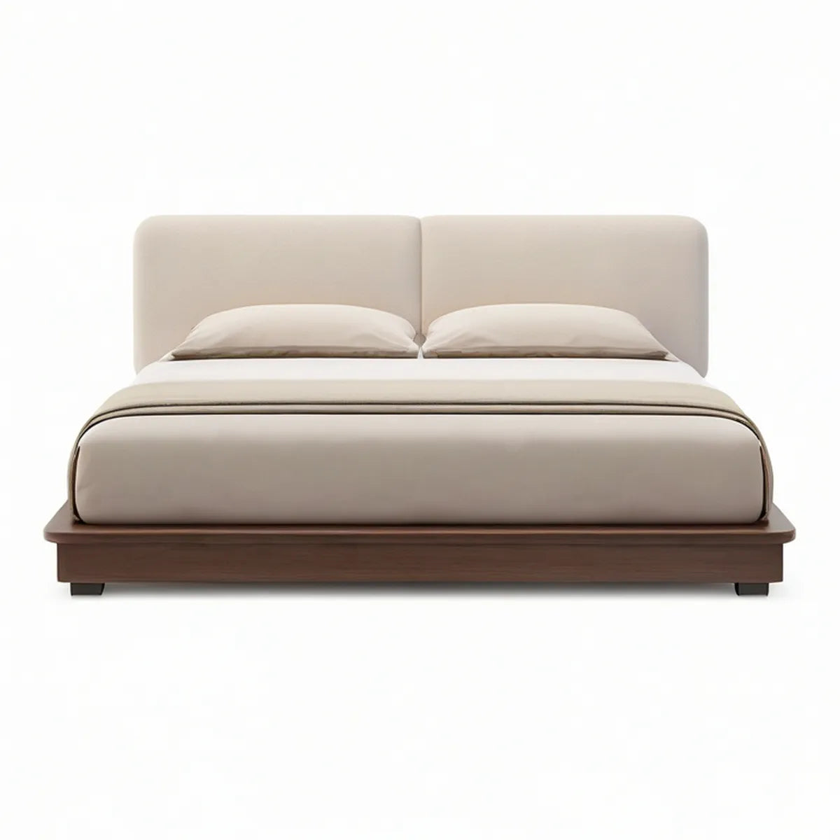 King Upholstered Platform Bed Frame with Split Headboard, Ivory and Walnut Brown, 80 in W x 85 in L x 44 in H