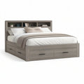 Queen Storage Bed with Bookcase Headboard, 86 x 64 x 56 in, Gray Oak/Black