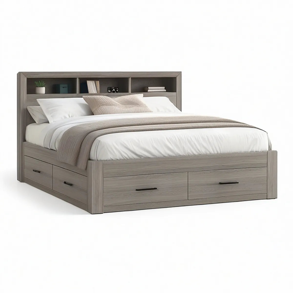 Queen Storage Bed with Bookcase Headboard, 86 x 64 x 56 in, Gray Oak/Black