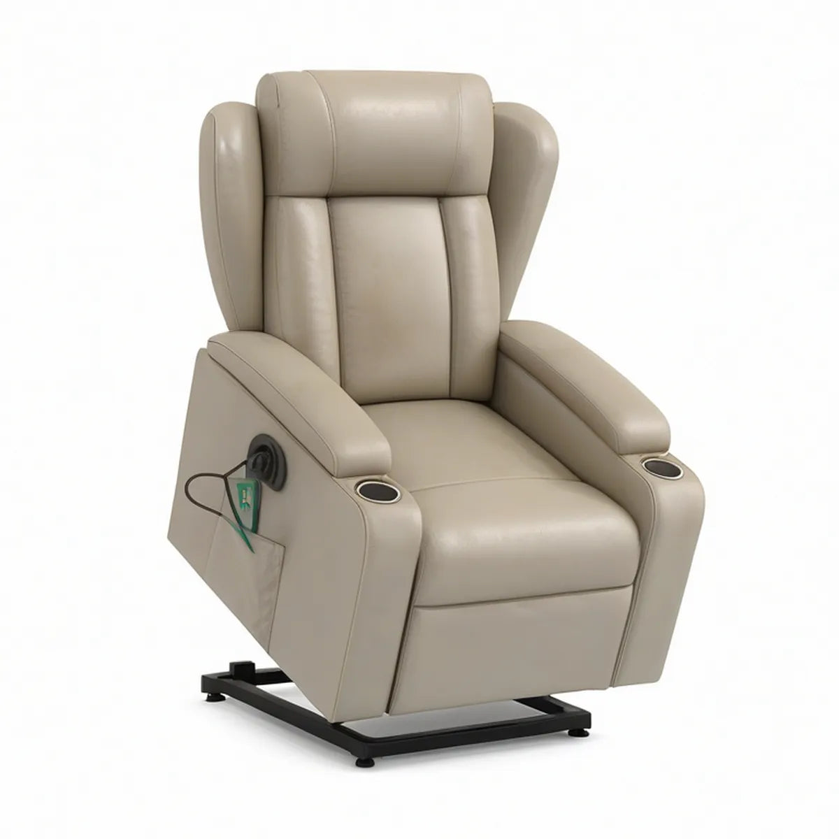Beige PU Leather Power Lift Recliner with Cup Holders, 35.4 x 39.4 x 43.3 in