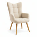 Cream Bouclé Wingback Accent Chair with Natural Rubberwood Legs, 29.1 x 31.5 x 39.4 in