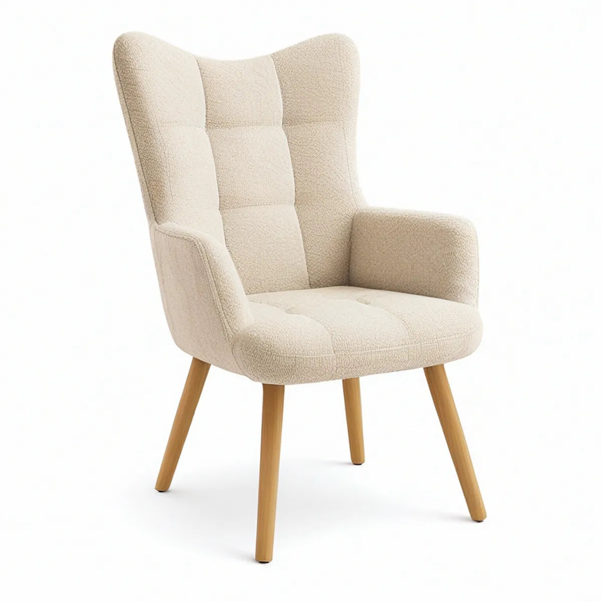 Cream Bouclé Wingback Accent Chair with Natural Rubberwood Legs, 29.1 x 31.5 x 39.4 in