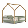 Twin House Bed Frame with Guardrails, 78 x 42 x 68 in, Solid Pine, Sage Green and Natural