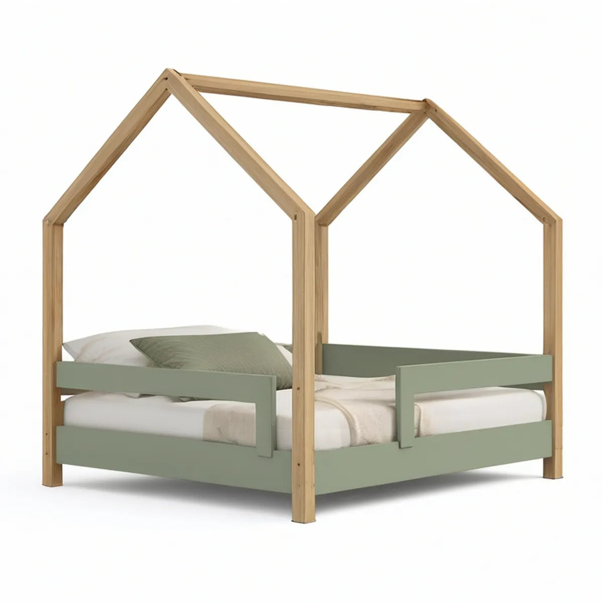 Twin House Bed Frame with Guardrails, 78 x 42 x 68 in, Solid Pine, Sage Green and Natural