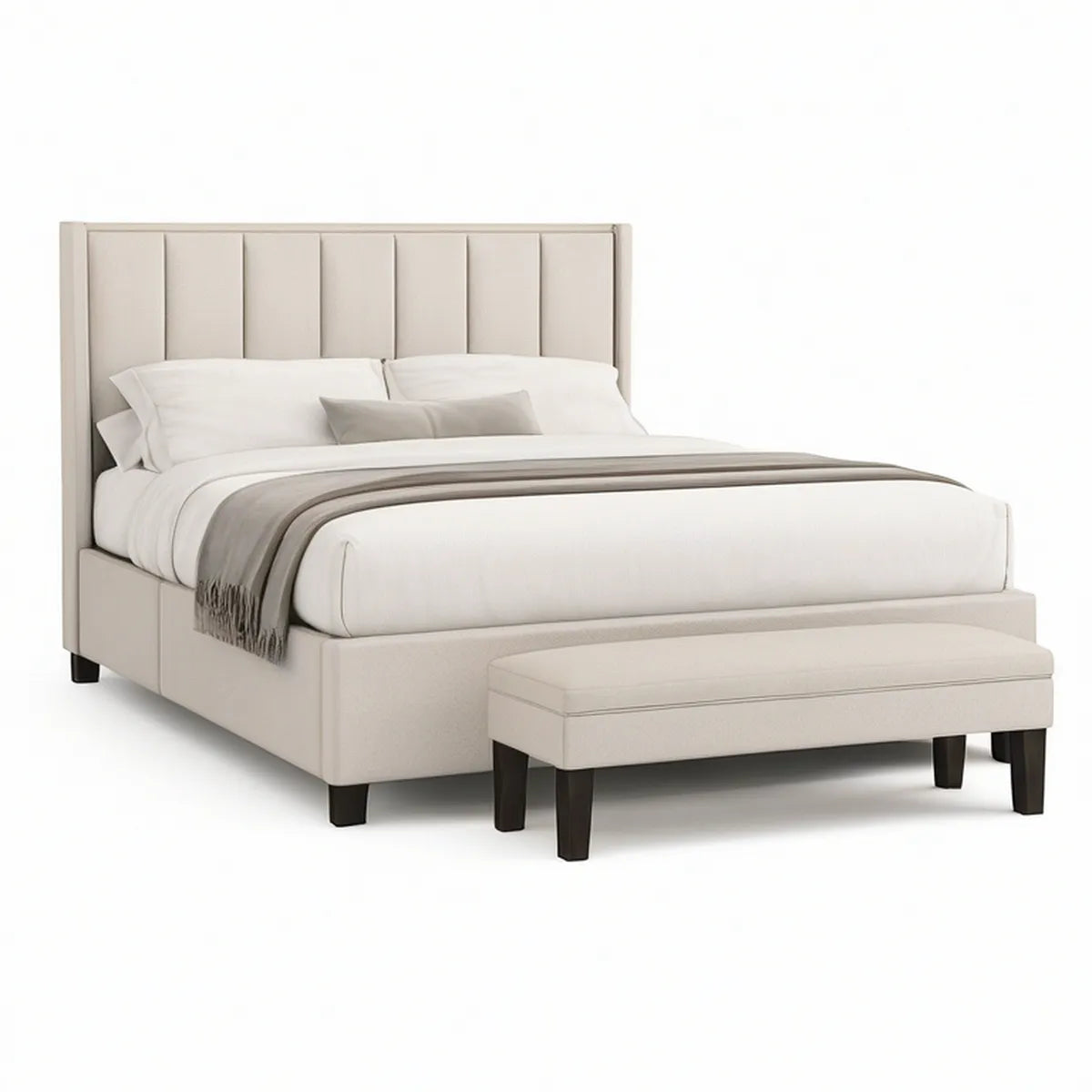 Queen Upholstered Platform Bed Frame with Bench, 64 in W x 88 in L, Cream Polyester Fabric