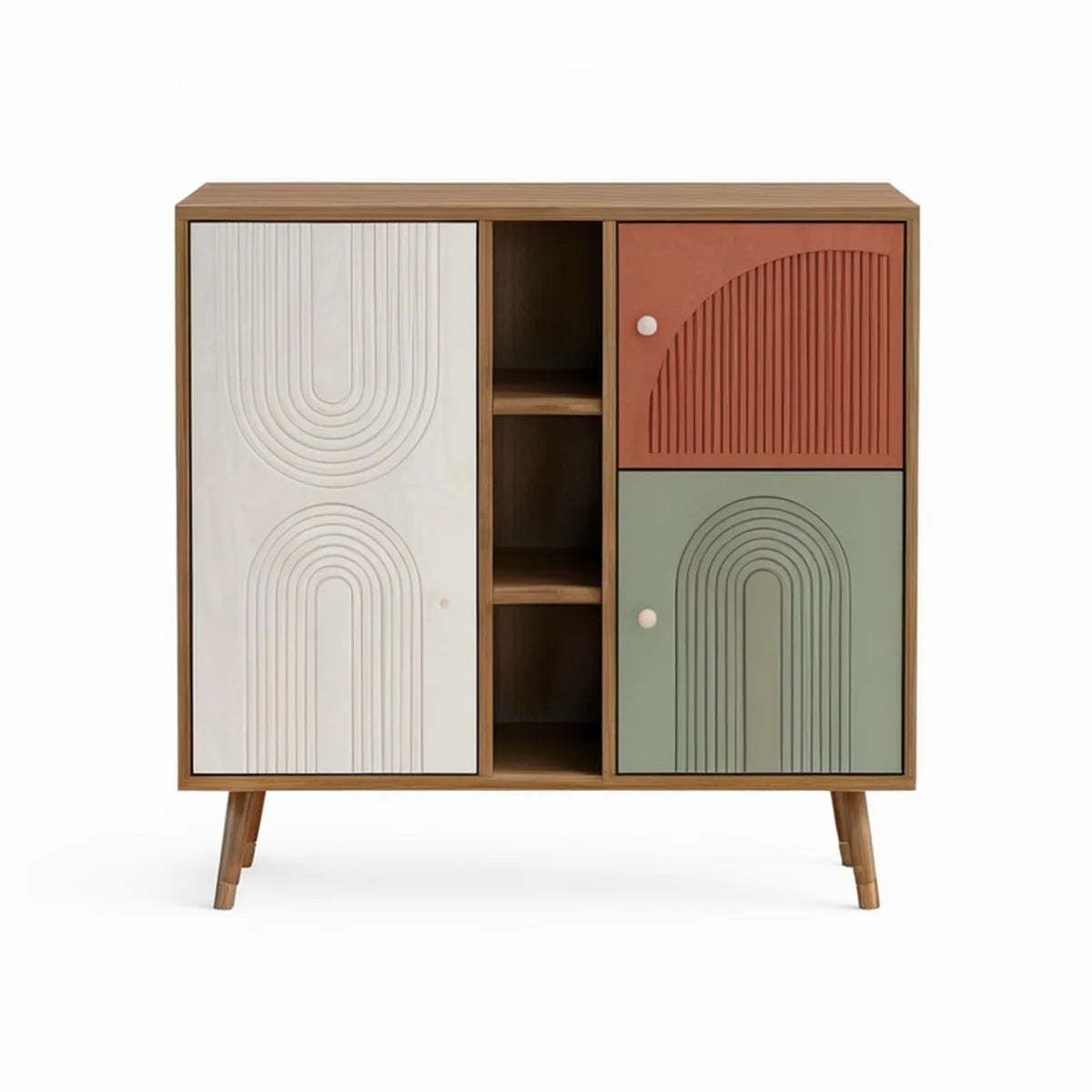 100 x 40 x 110 cm Walnut Storage Cabinet with White, Terracotta and Sage Green Grooved Doors