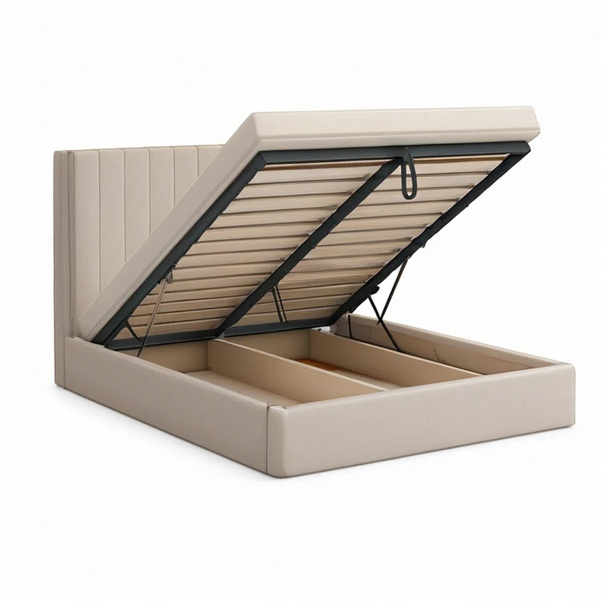 Queen Lift-Up Storage Bed Frame with Beige PU Faux Leather Upholstery, 87 x 64 x 48 in